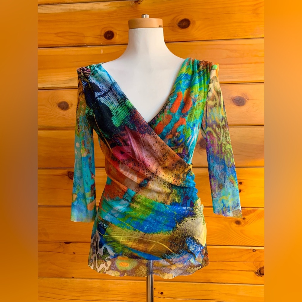 Elana Karan Colorful V Neck 3/4 Sleeve Shirt Size Medium